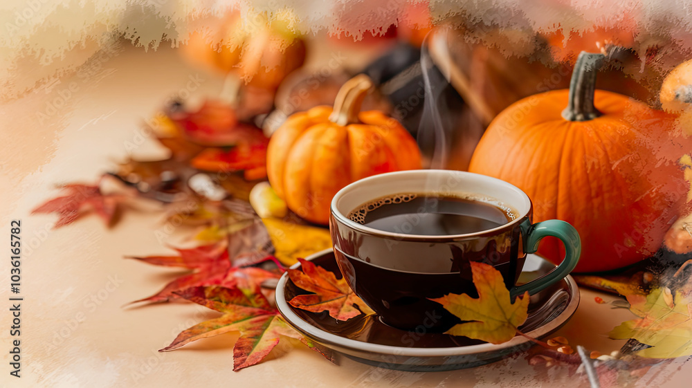 A autumn pumpkin with hot cup of coffee with orange, red, yellow autumn leaves spread across the table. A autumn pumpkin with hot cup of coffee with orange, red, yellow autumn leaves spread across the table.