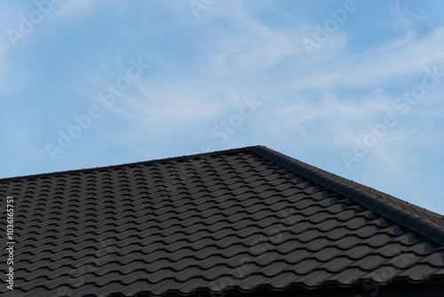 The roof features sleek new black metal tiles, showcasing modern construction and design against a bright blue sky, creating an elegant appearance