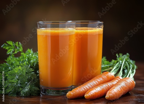 Freshly made carrot juice served in clear glasses with fresh carrots on a rus...