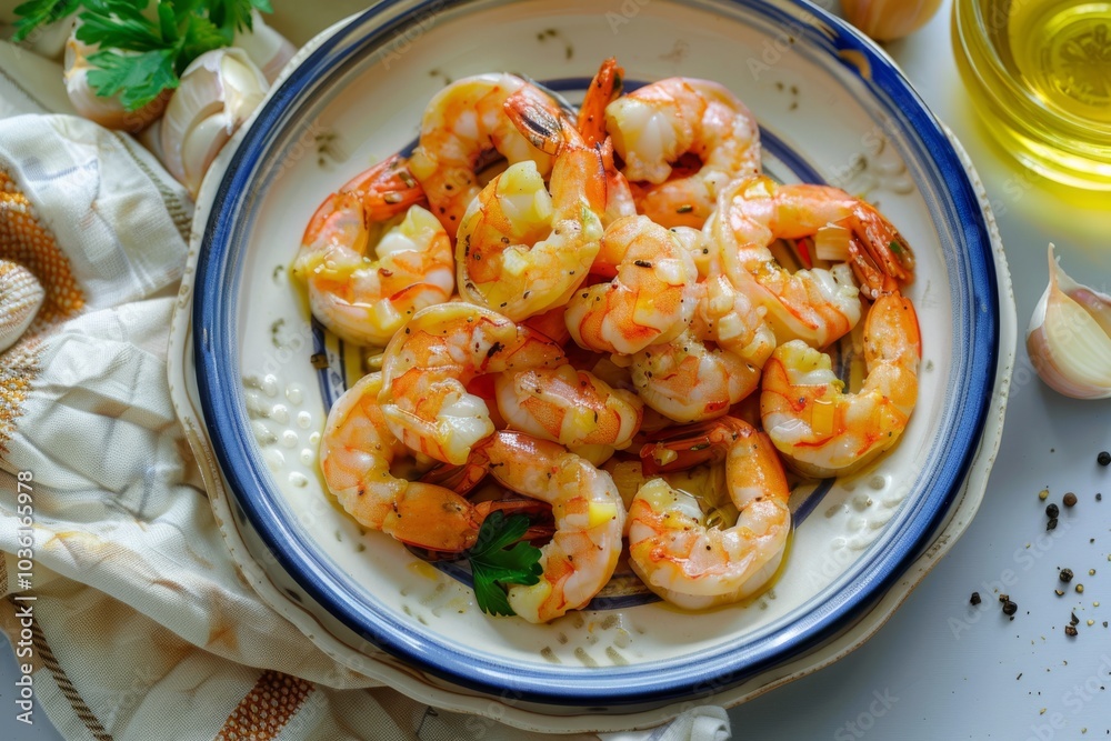 Cooked shrimp garnished with herbs on a decorative plate, surrounded by garlic and oil. Concept of delicious seafood cuisine. For recipe blogs. Cooked shrimp garnished with herbs on a decorative plate, surrounded by garlic and oil. Concept of delicious seafood cuisine. For recipe blogs.