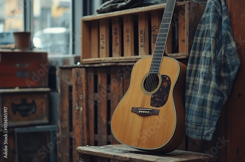 A rustic acoustic guitar rests against a wooden crate in a cozy indoor setting