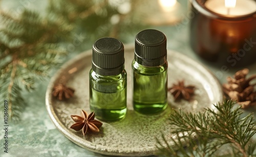 Two glass bottles of essential oils surrounded by green leaves and spices on ...