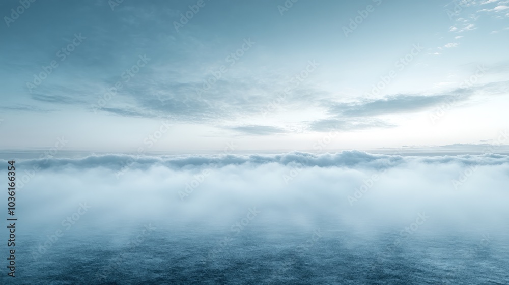 Fototapeta premium A panoramic view of a vast expanse of clouds stretching across the horizon with a soft, blue hue under a clear sky.