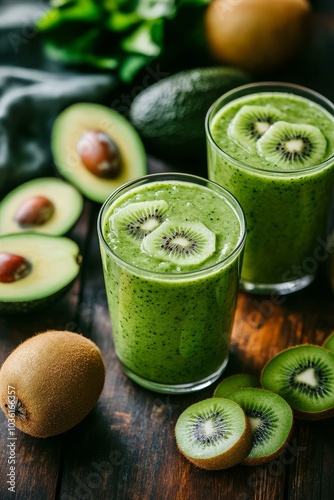Refreshing green smoothie made with kiwi and avocado on a wooden table with w...