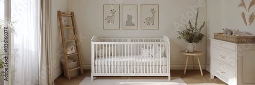 Cozy and modern nursery design featuring a crib, soft colors, and animal artw...