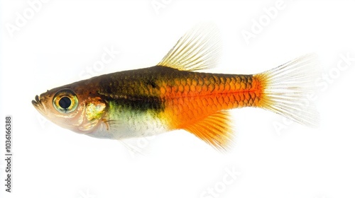 Platy fish gracefully swims displaying its vibrant colors and fin structure against a clean white backdrop highlighting its appeal as an aquarium favorite.