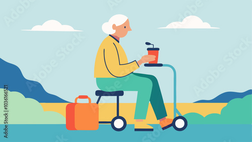 Using a Rollator An elderly person with a custom rollator complete with a seat and storage taking a break to sip water while enjoying a scenic view.