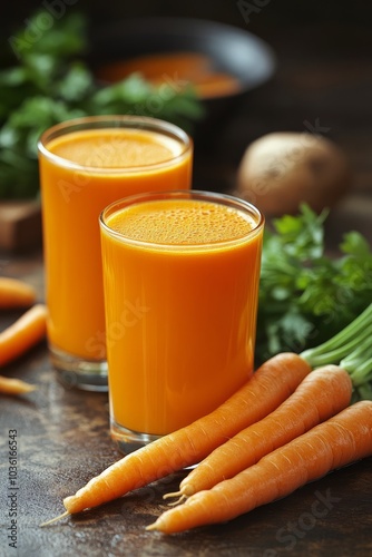 Freshly prepared carrot juice served in glasses with vibrant carrots and gree...