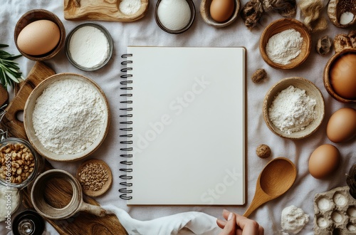 Baking preparation with eggs, flour, and a blank notepad on a rustic kitchen ...