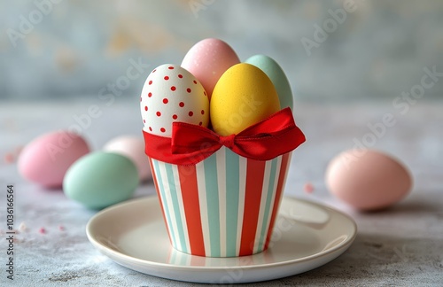 Colorful Easter eggs in a striped cup with a ribbon, set against a pink backg...