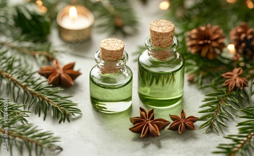 Two glass bottles of essential oils surrounded by green leaves and spices on ...
