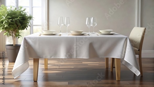 Elegant white tablecloth draped over a dining table enhances the beauty of the room's interior design