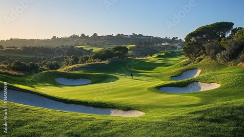 A serene golf course at sunset, showcasing lush greens and sandy bunkers in a...