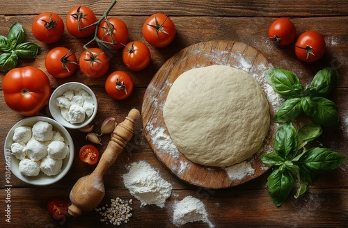 Preparing fresh pizza dough and ingredients on a wooden countertop with vibra...