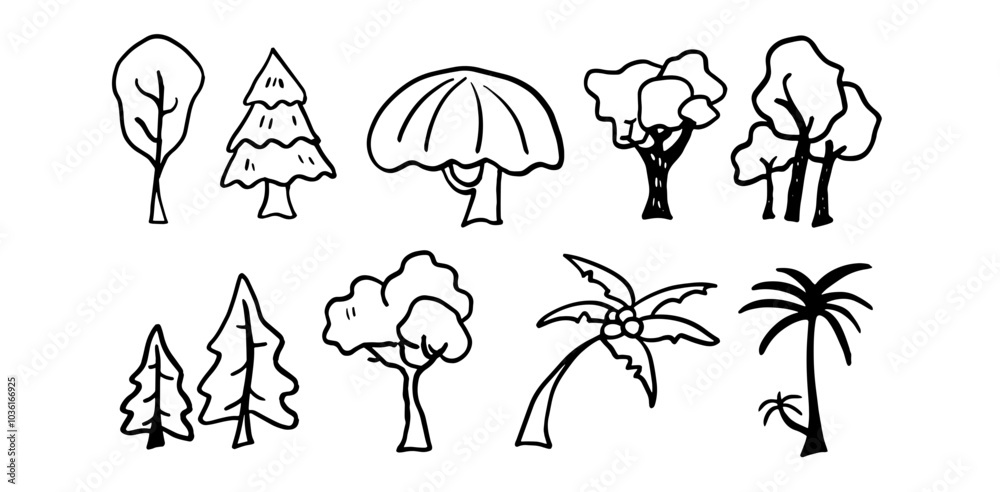 Fototapeta premium Tree Set Illustration | Minimalist Doodle Vector for Nature and Landscape Designs
