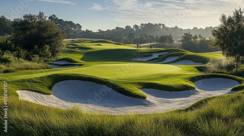 A serene golf course at sunset, showcasing lush greens and sandy bunkers in a...