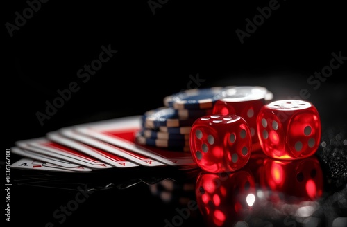 A close up of playing cards and dice surrounded by colorful poker chips at a ...