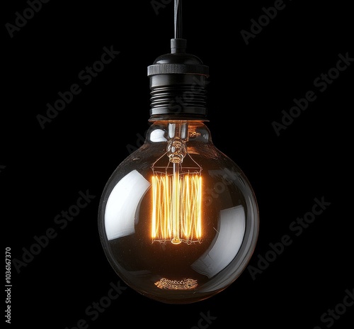 A vintage style light bulb illuminated against a dark background showcasing warm glow