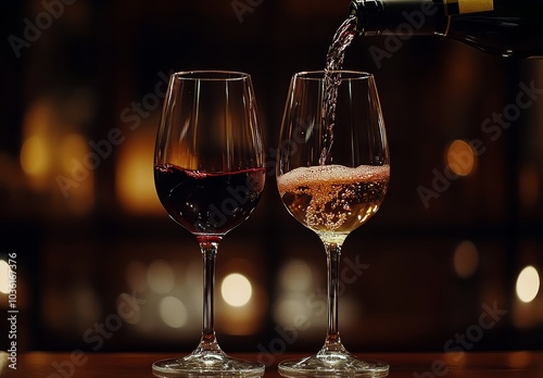 Pouring red and sparkling wine into glasses at a cozy bar during evening hours