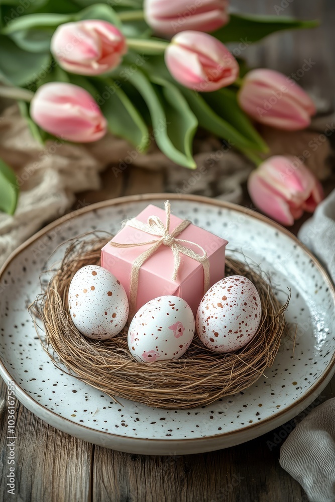 Delicate pink tulips and Easter eggs arranged on a rustic wooden table with a nest and gift box Delicate pink tulips and Easter eggs arranged on a rustic wooden table with a nest and gift box
