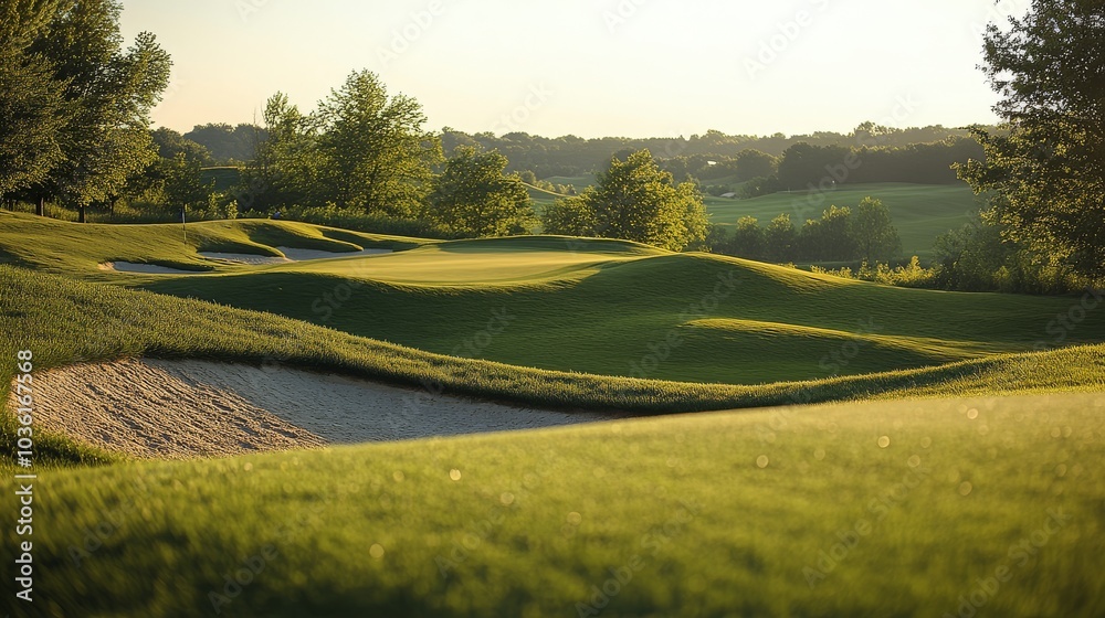Fototapeta premium A serene golf course at sunset, showcasing lush greens and sandy bunkers in a tranquil setting