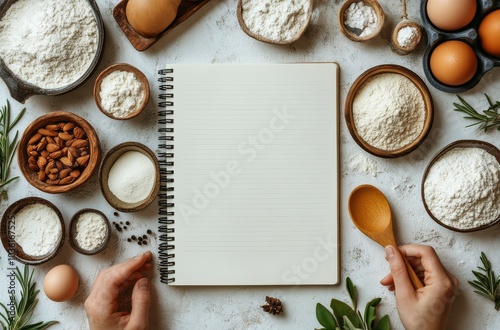 Baking preparation with eggs, flour, and a blank notepad on a rustic kitchen ...