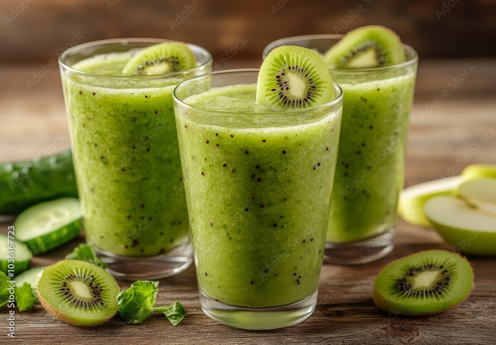 Refreshing green smoothie with apples, kiwis, and cucumbers on wooden table