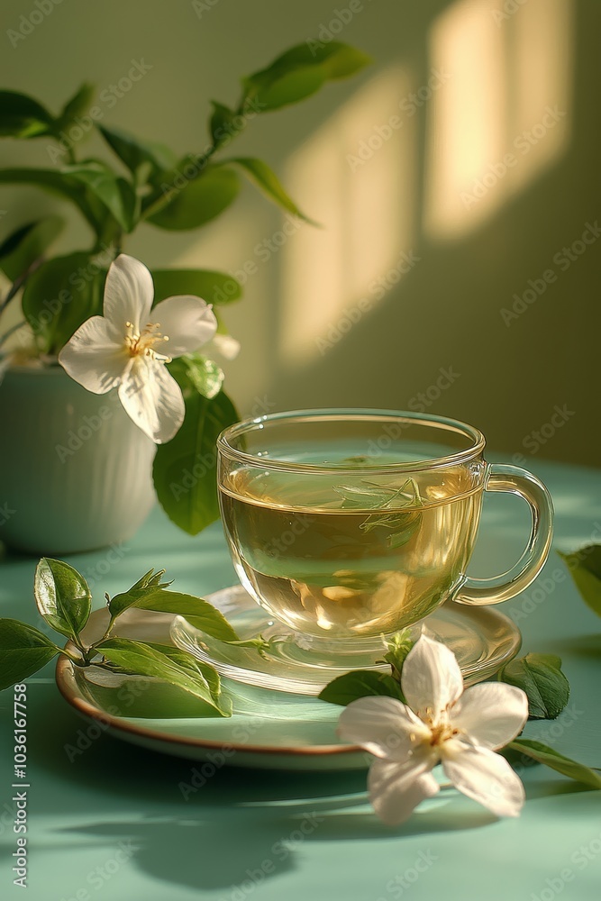 Refreshing glass of water with jasmine flowers on a table in soft natural light Refreshing glass of water with jasmine flowers on a table in soft natural light