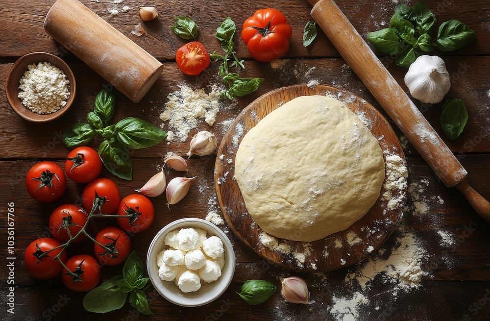 Fototapeta premium Preparing fresh pizza dough and ingredients on a wooden countertop with vibrant tomatoes and herbs