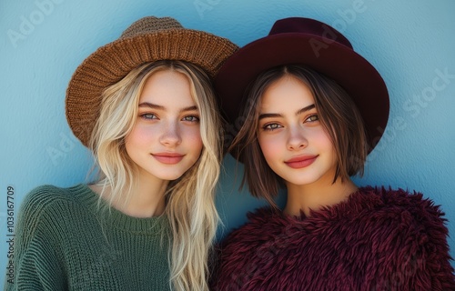 Two young women in stylish hats pose in front of a blue wall on a sunny day