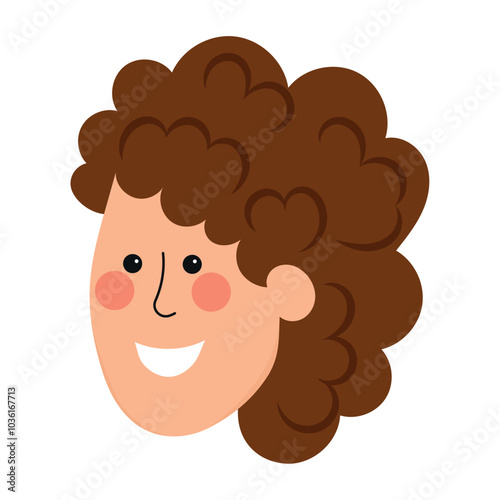 Smiling boy with curly hair, close-up face, Vector