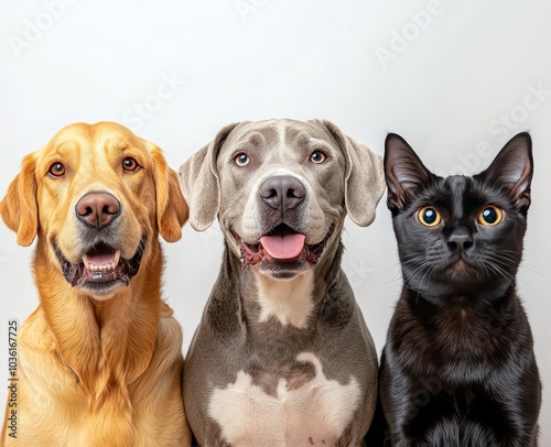A joyful golden retriever, a calm gray lab, and a curious black cat pose toge...