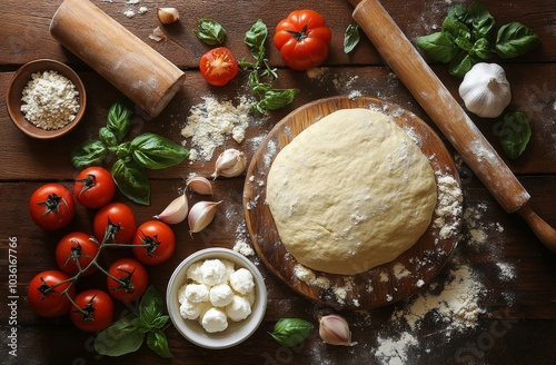 Preparing fresh pizza dough and ingredients on a wooden countertop with vibra...