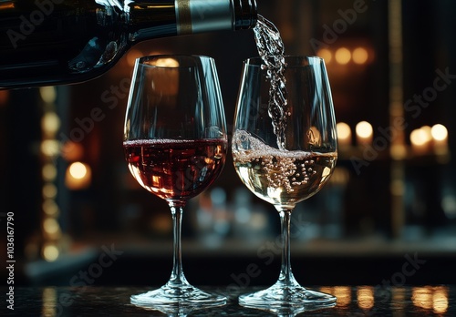 Pouring red and sparkling wine into glasses at a cozy bar during evening hours