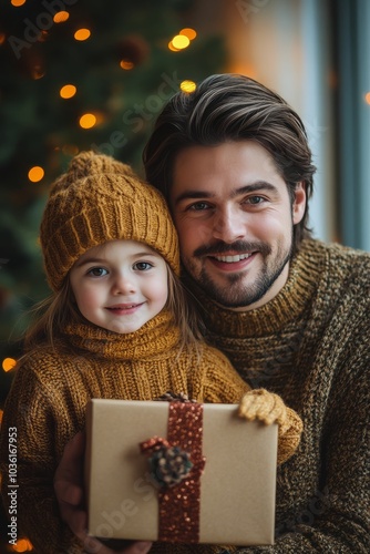 Joyful father and daughter sharing a gift during a cozy Christmas celebration...