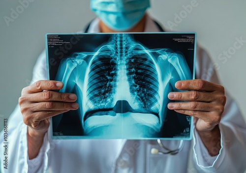 Experienced doctor holding a chest X ray in a clinical setting during daytime examination