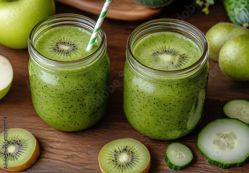 Refreshing green smoothie with apples, kiwis, and cucumbers on wooden table