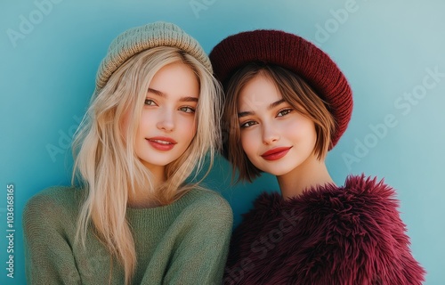 Two young women in stylish hats pose in front of a blue wall on a sunny day