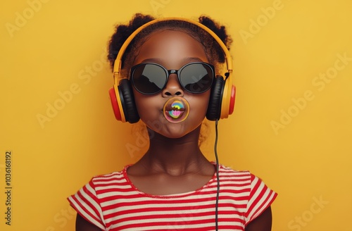 A girl stands confidently with headphones on, wearing oversized sunglasses
