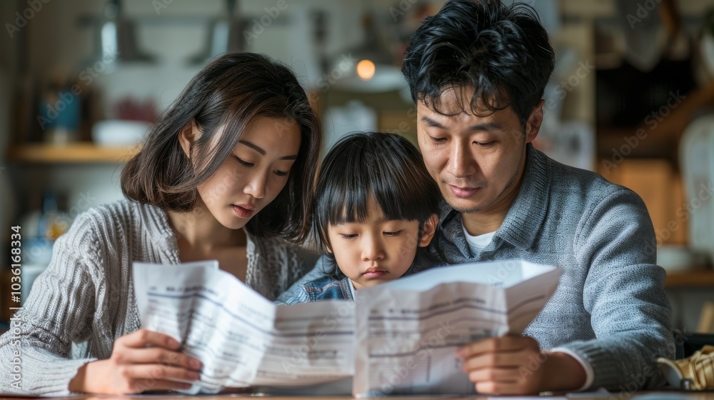 Obraz premium Family in Asia dealing with the rising cost of living, with bills and debt piling up