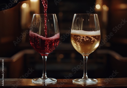Pouring red and sparkling wine into glasses at a cozy bar during evening hours