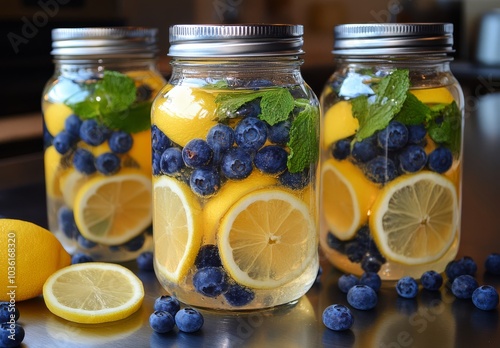 Refreshing jars of blueberries and lemons prepared for a summer treat in a co...