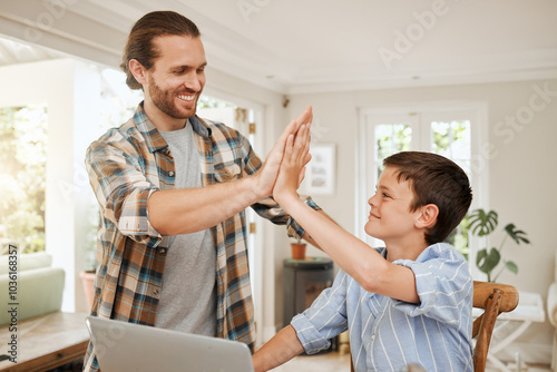 Dad, boy and high five with laptop for elearning at home for success or achievement on report grades or results. People, parent and happy or smile with kid for homeschooling and distance education