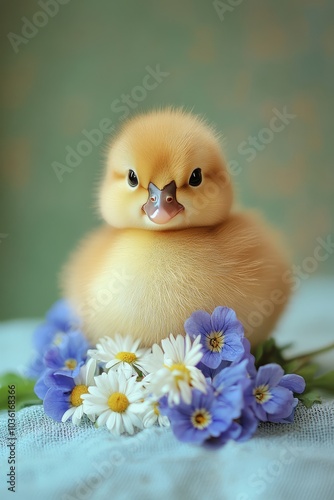 A cute duckling surrounded by colorful flowers in a serene indoor setting