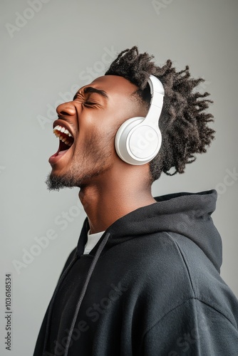 Young man enthusiastically singing into the air while wearing headphones in a...