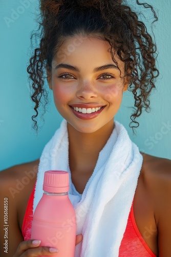 Young woman smiling with a pink water bottle beside a turquoise wall after ex...