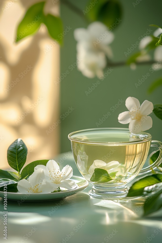 Refreshing glass of water with jasmine flowers on a table in soft natural light Refreshing glass of water with jasmine flowers on a table in soft natural light