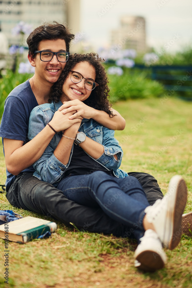 Couple, teenager and portrait outdoor for relax, bonding and hug together on weekend with romance. Boy, girl and smile for relationship support, embrace and happiness in park with love connection Couple, teenager and portrait outdoor for relax, bonding and hug together on weekend with romance. Boy, girl and smile for relationship support, embrace and happiness in park with love connection