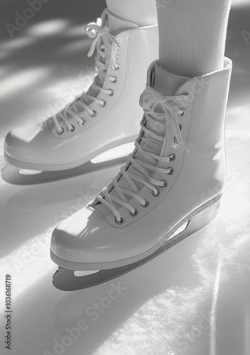 Bright white ice skates gliding on smooth ice in an indoor rink during a wint...