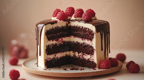 Decadent chocolate cake topped with raspberries and cream in a soft pastel se...